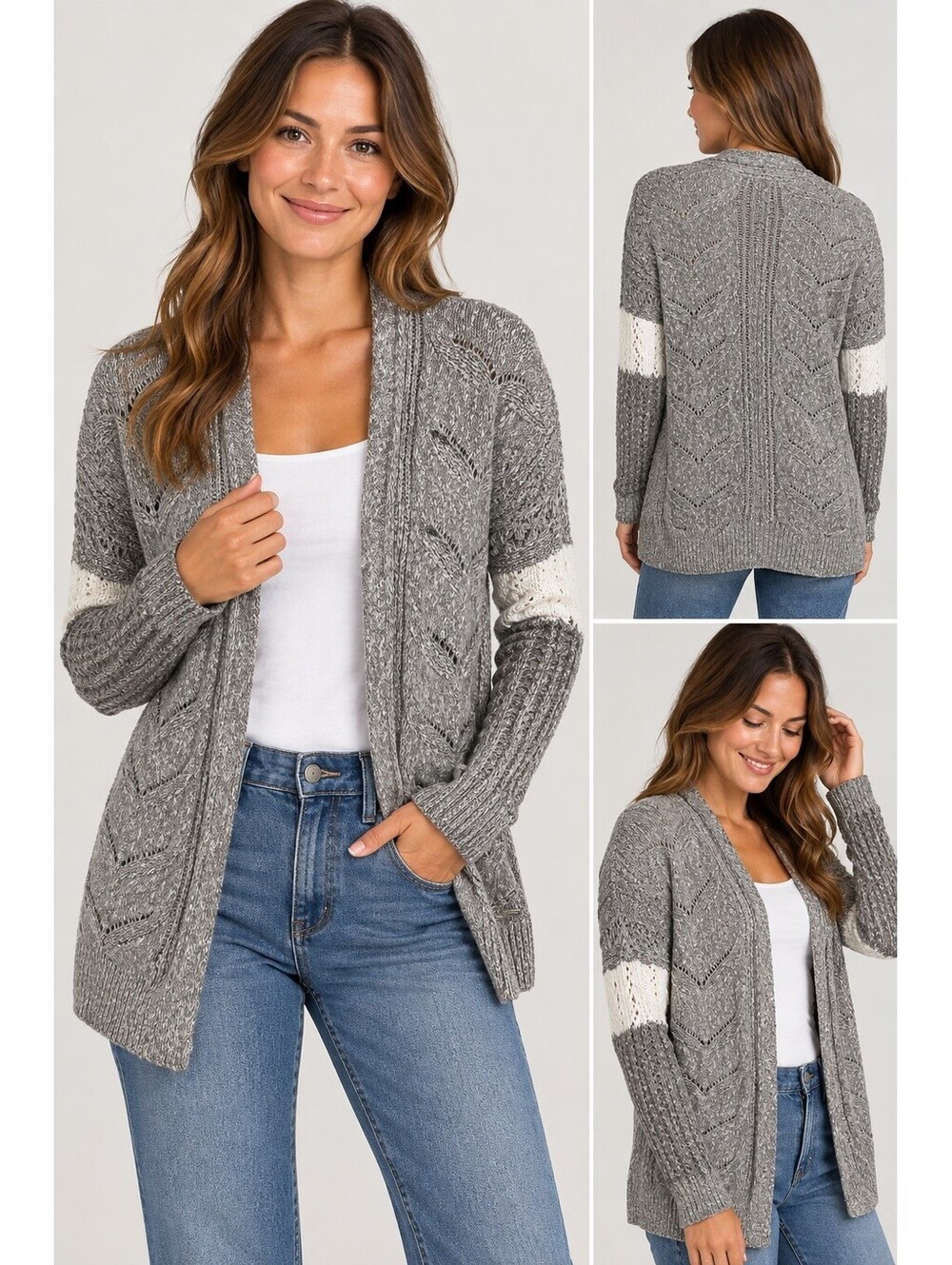 Hollister Womens S Gray Open Knit Cable Stripe Sleeve Cardigan Sweater Small